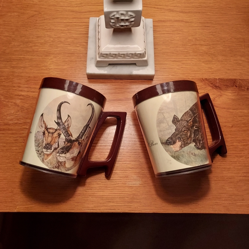 Lot of 2 Vintage Flambeau Insulated Cups, Antelope And Wild Boar Mug Set